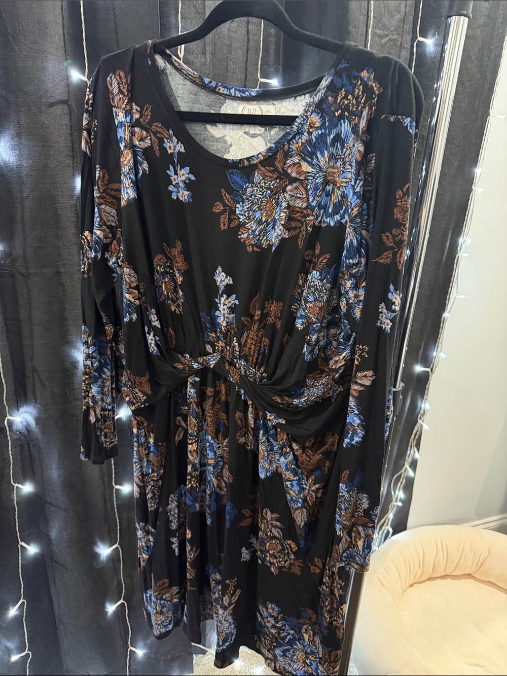 Maurices Black Long Sleeve Floral Tie-Front Dress with Blue & Brown Flowers